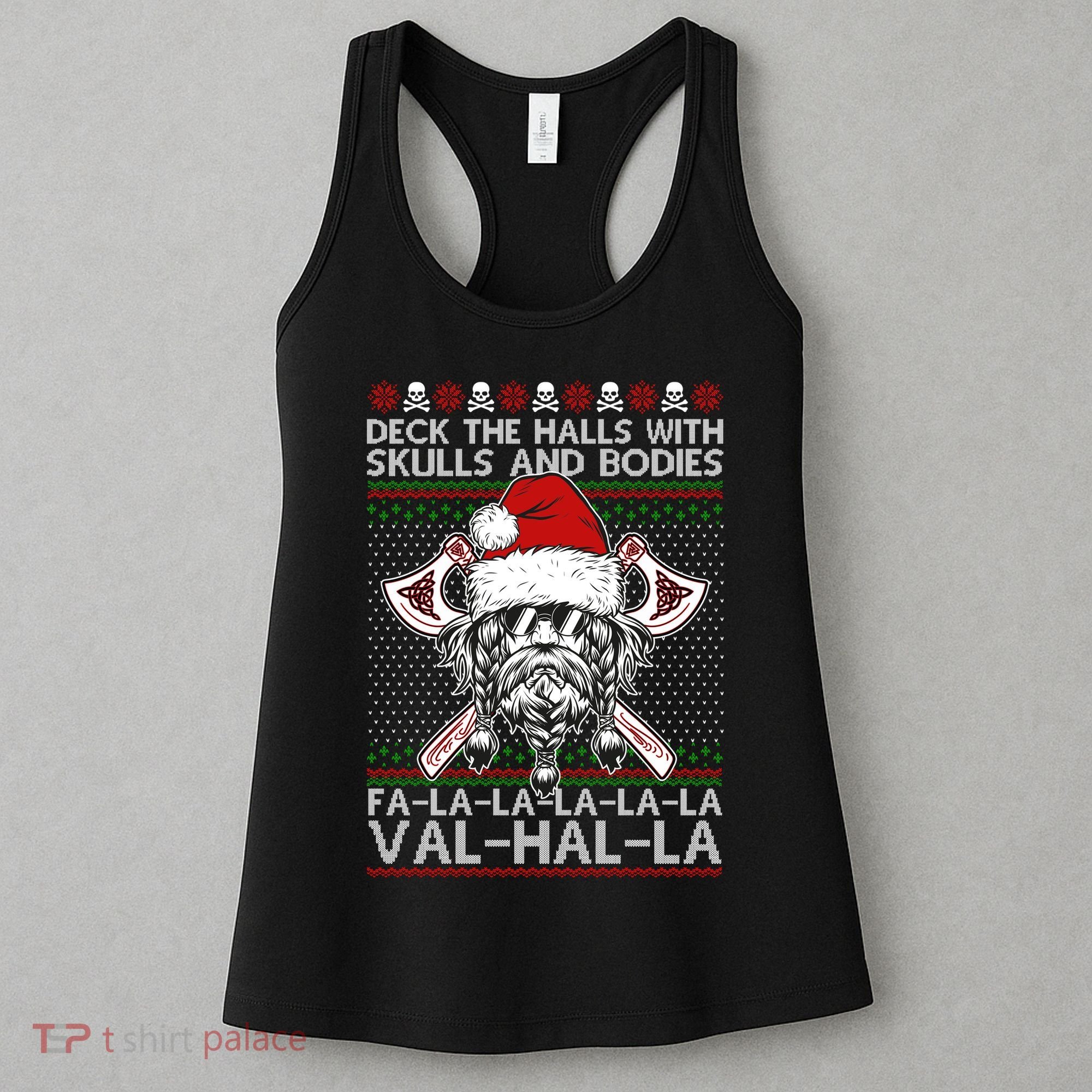 Deck The Halls Skulls Bodies Vikings Santa Ugly Christmas Sweater Women's Tank Top