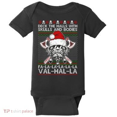 Deck The Halls Skulls Bodies Vikings Santa Ugly Christmas Sweater Baby Bodysuit