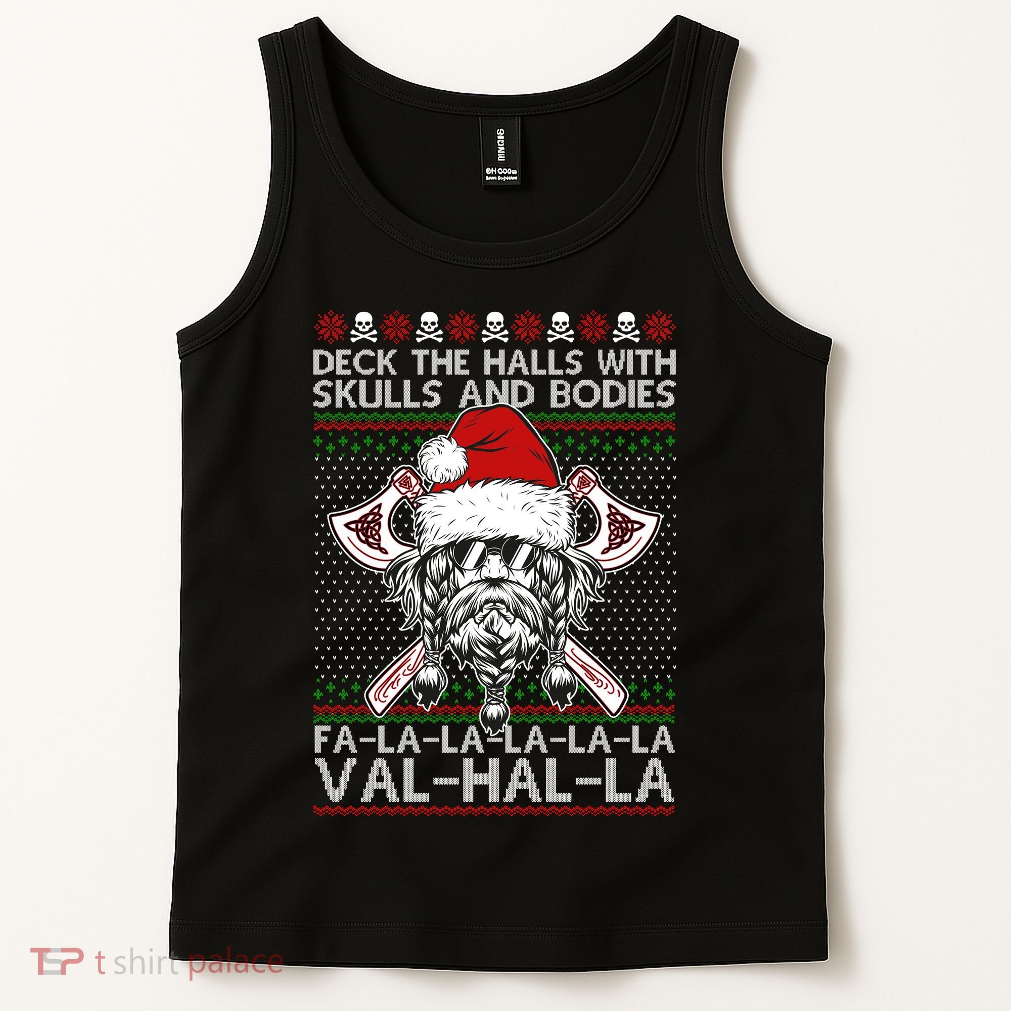 Deck The Halls Skulls Bodies Vikings Santa Ugly Christmas Sweater Tank Top