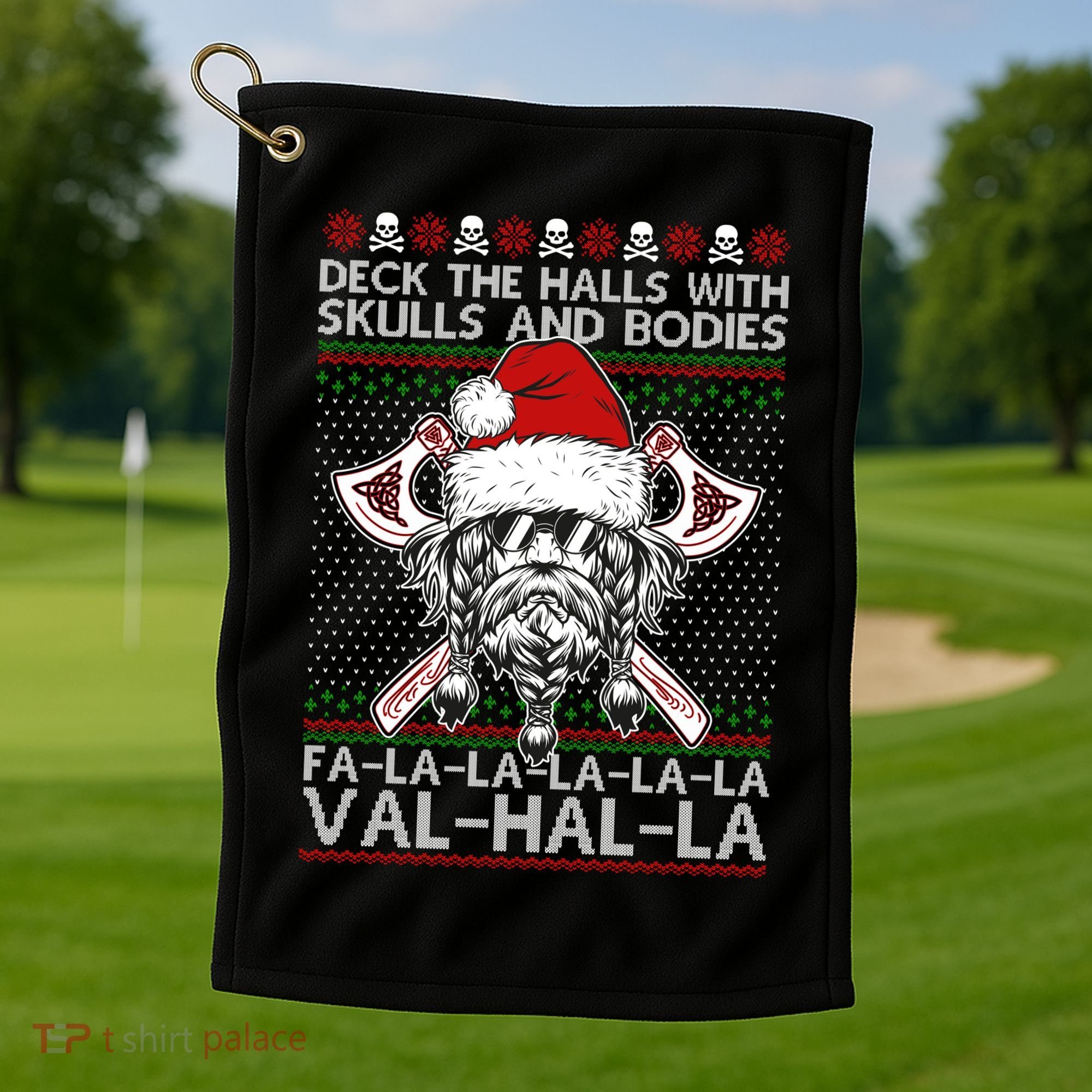Deck The Halls Skulls Bodies Vikings Santa Ugly Christmas Sweater Golf Towel