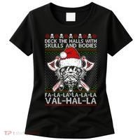 Deck The Halls Skulls Bodies Vikings Santa Ugly Christmas Sweater Women's T-Shirt thumb 0