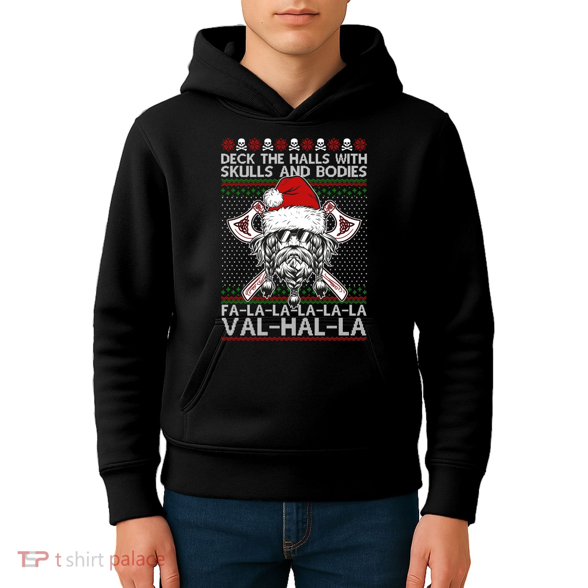 Deck The Halls Skulls Bodies Vikings Santa Ugly Christmas Sweater Kids Hoodie
