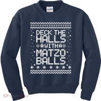 Deck The Halls With Matzo Balls Funny Hanukkah Ugly Kids Sweatshirt thumb 0