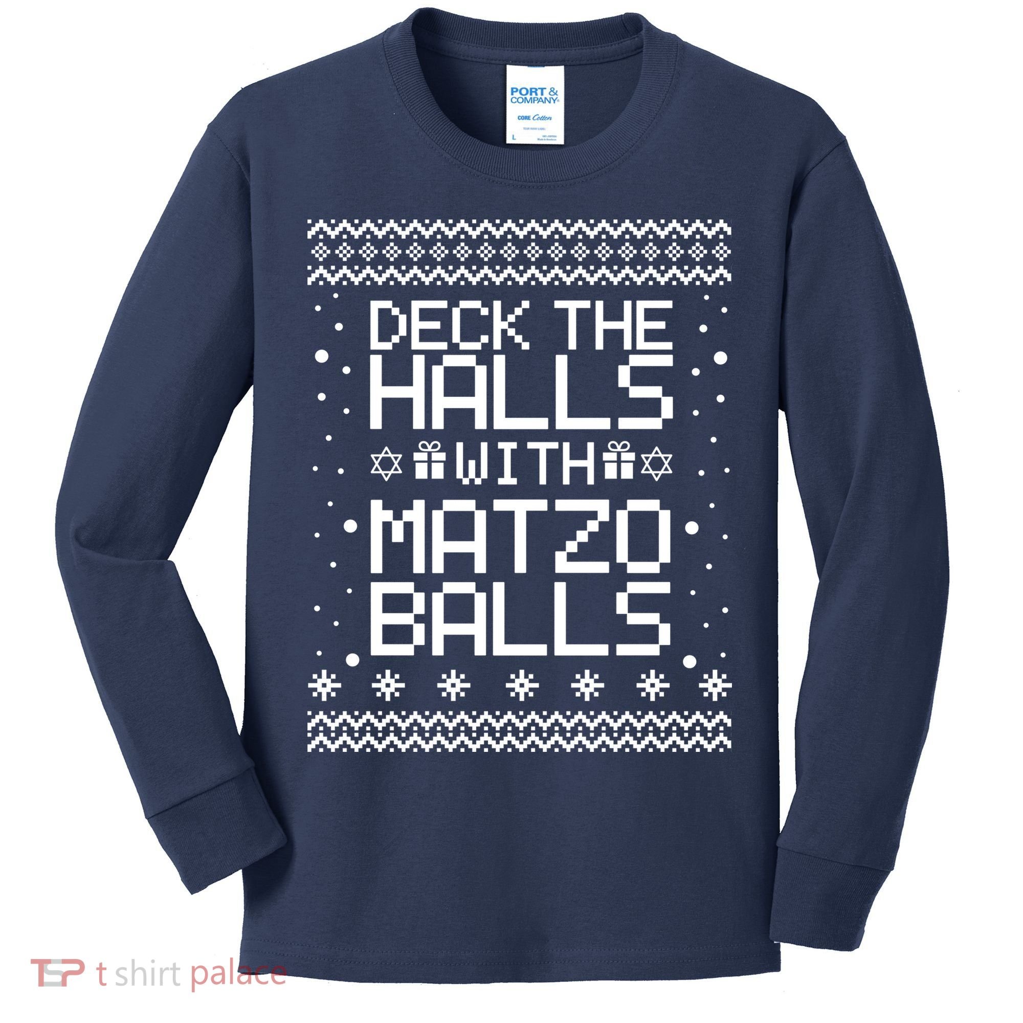 Deck The Halls With Matzo Balls Funny Hanukkah Ugly Kids Long Sleeve Shirt