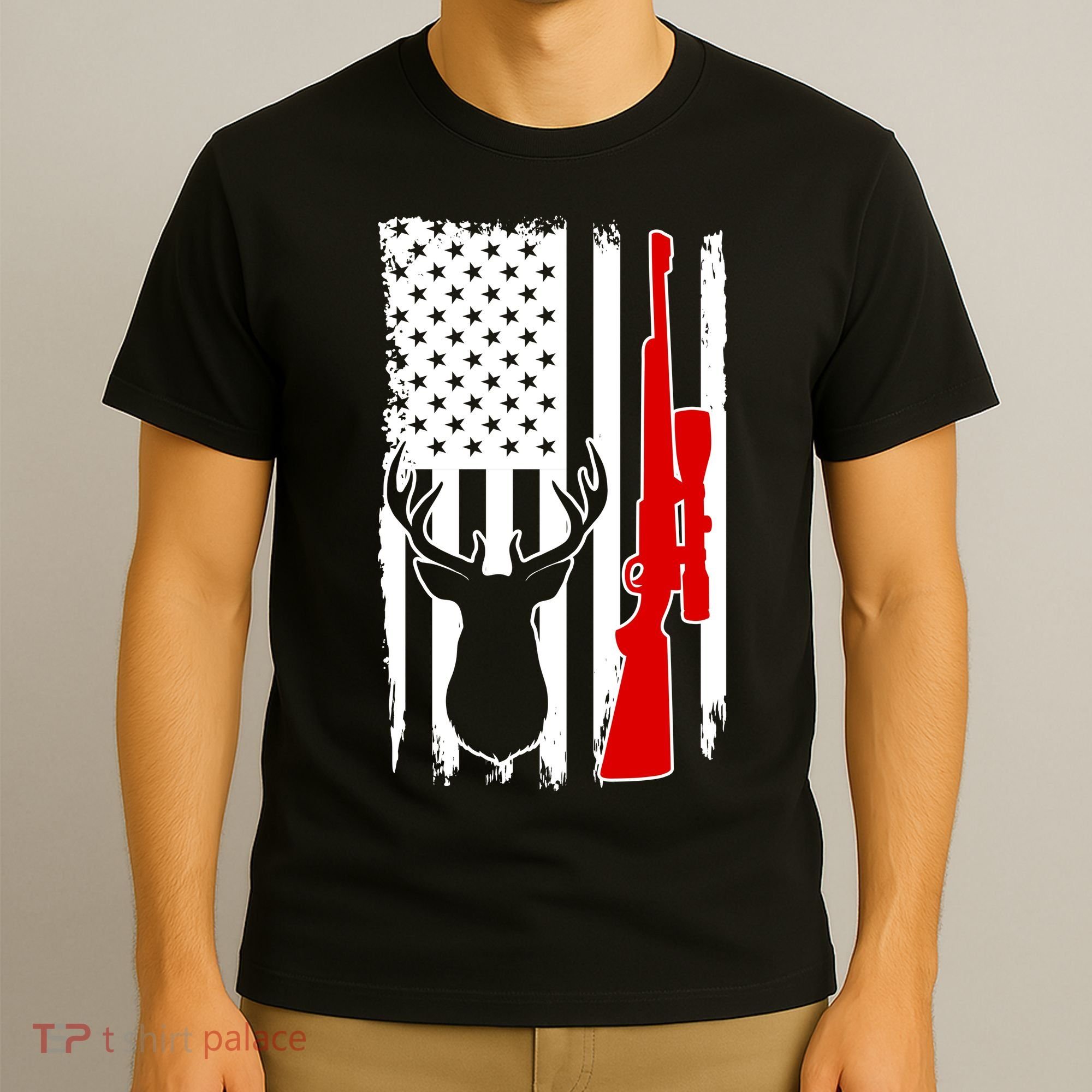 Deer Hunting Distressed USA American Flag T-Shirt