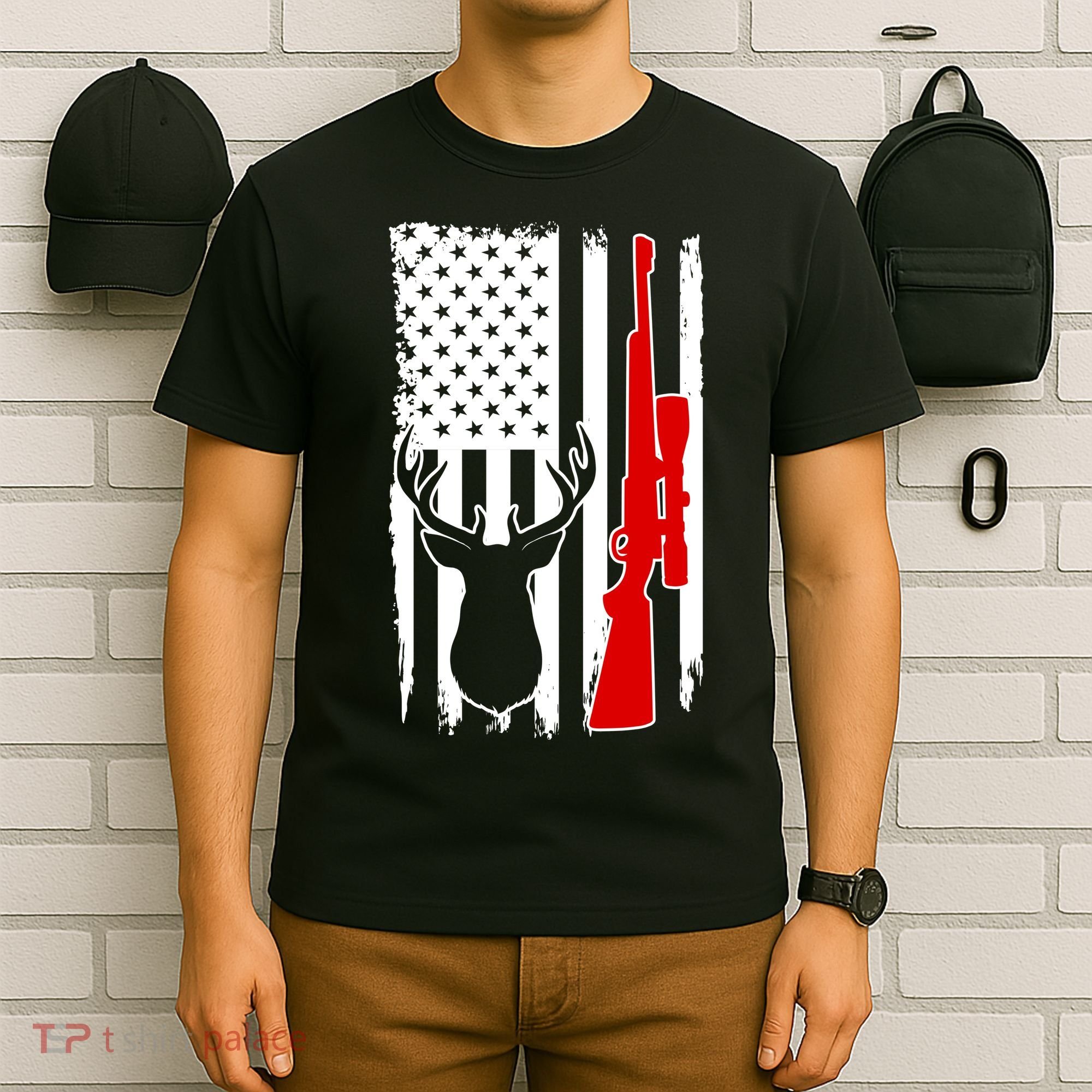 Deer Hunting Distressed USA American Flag T-Shirt