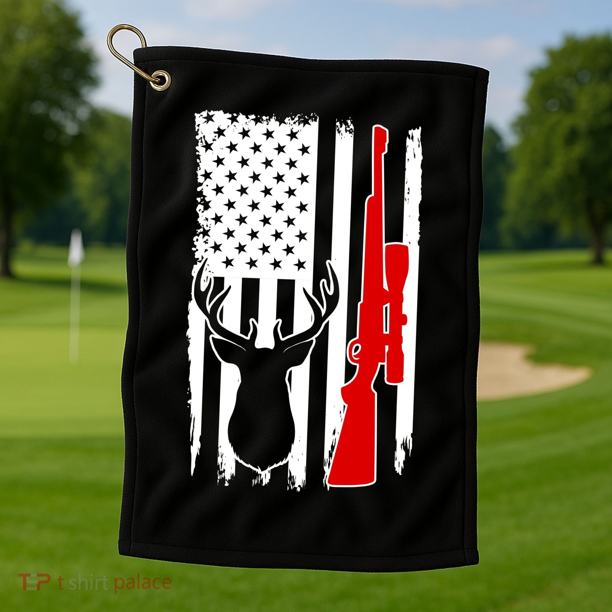 Deer Hunting Distressed USA American Flag Golf Towel