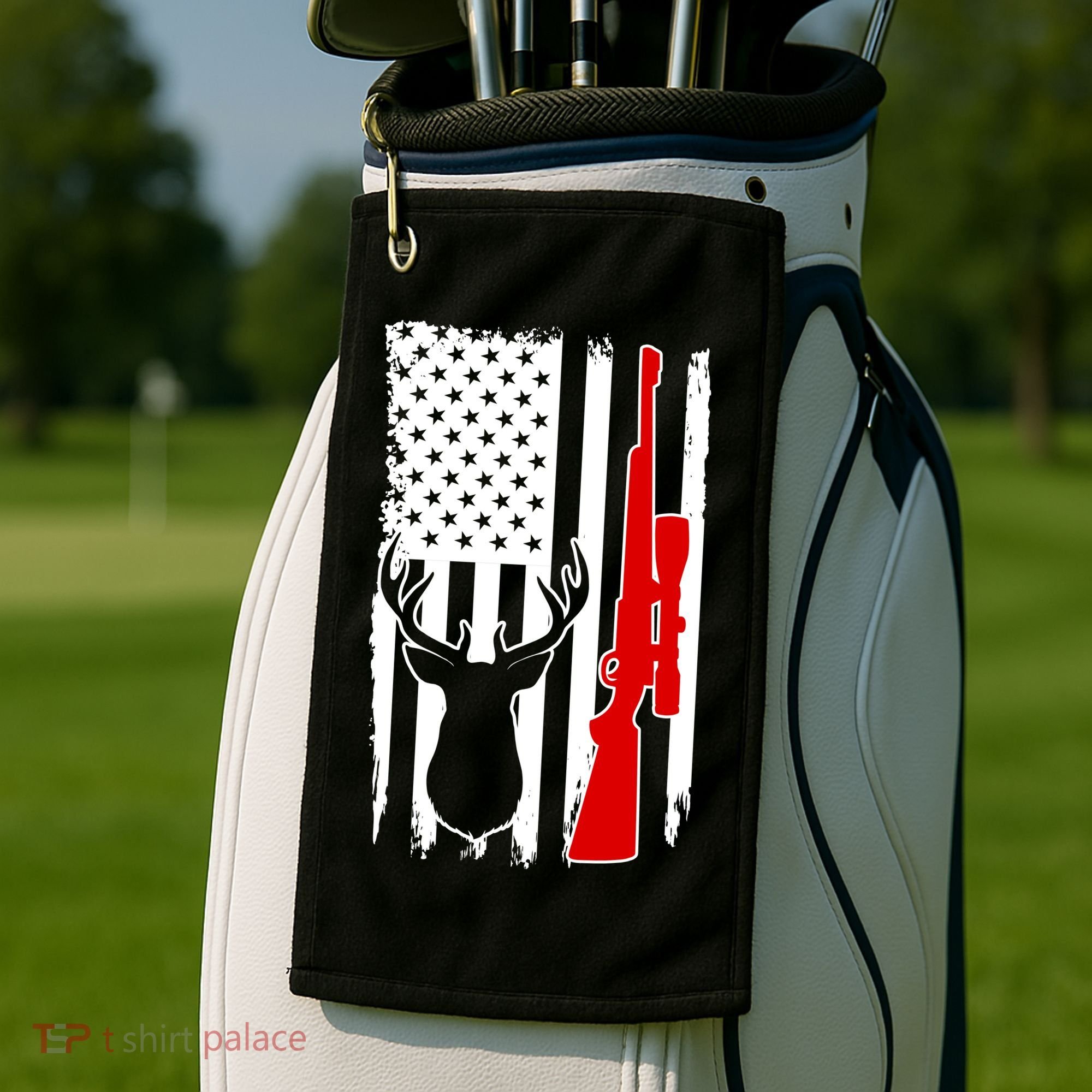 Deer Hunting Distressed USA American Flag Golf Towel