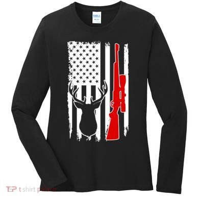 Deer Hunting Distressed USA American Flag Women's Long Sleeve Shirt