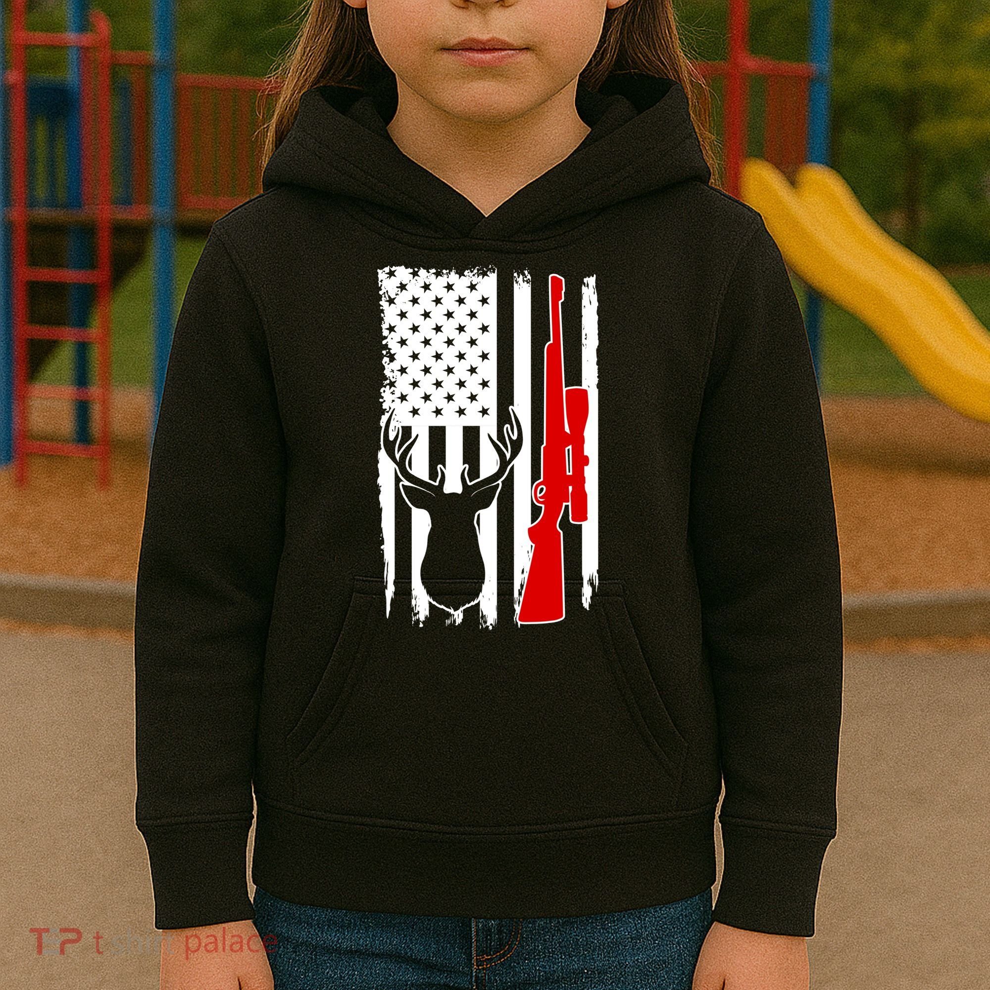 Deer Hunting Distressed USA American Flag Kids Hoodie