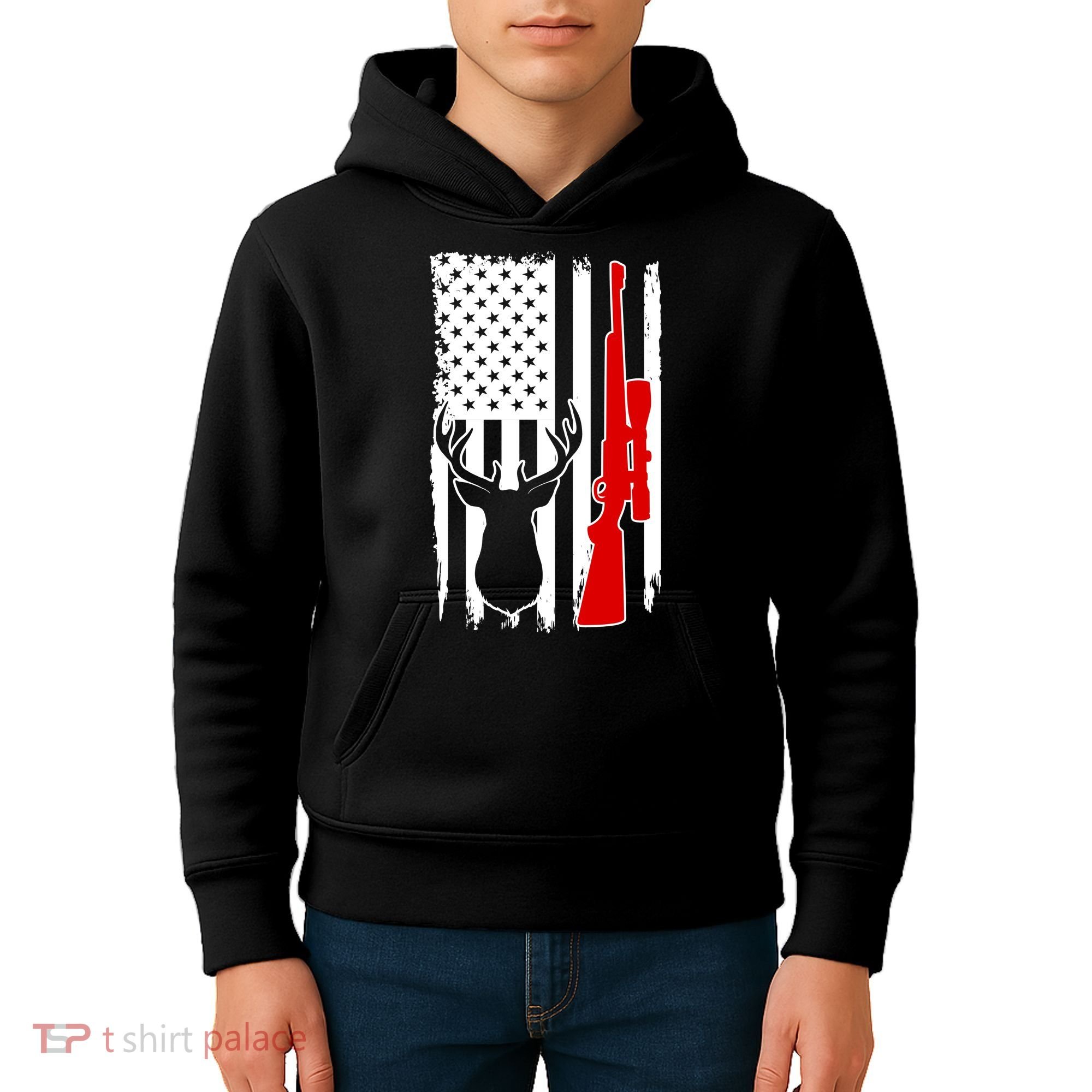 Deer Hunting Distressed USA American Flag Kids Hoodie