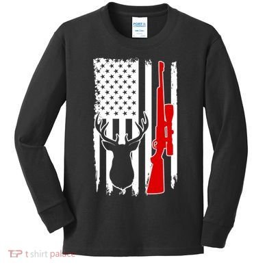 Deer Hunting Distressed USA American Flag Kids Long Sleeve Shirt
