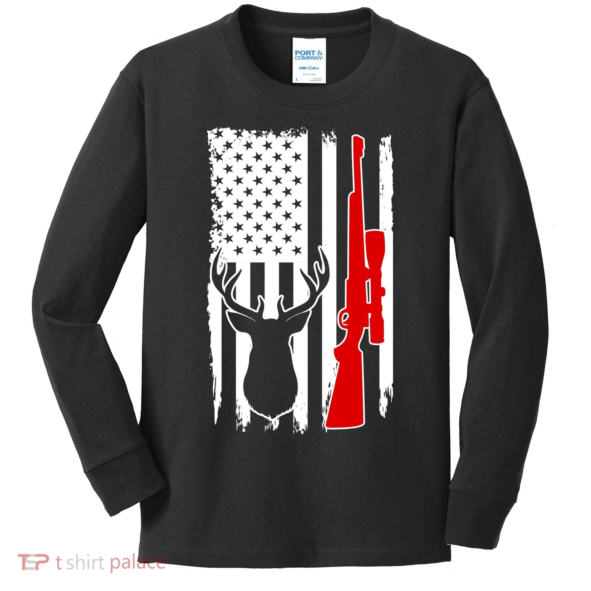 Deer Hunting Distressed USA American Flag Kids Long Sleeve Shirt
