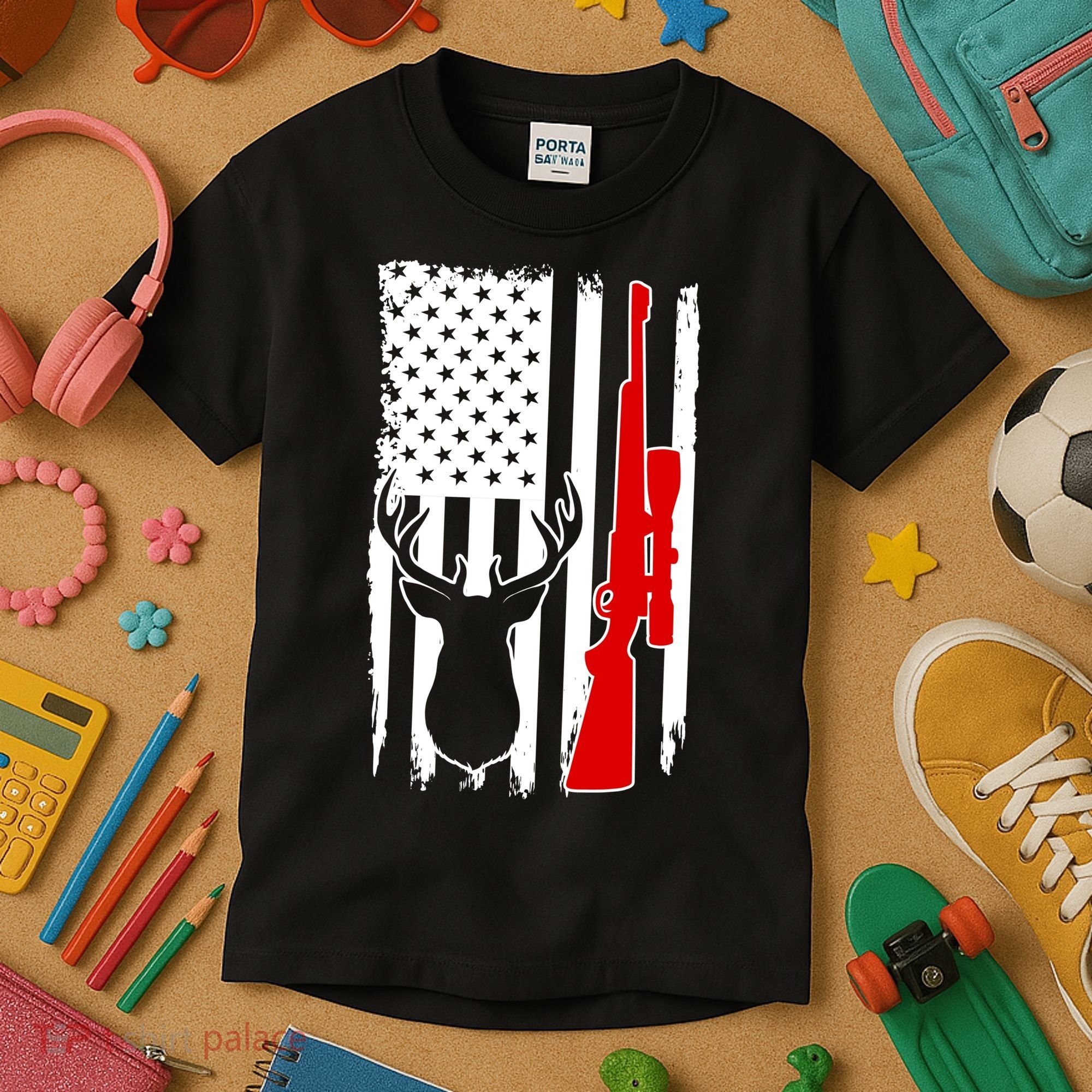 Deer Hunting Distressed USA American Flag Kids T-Shirt