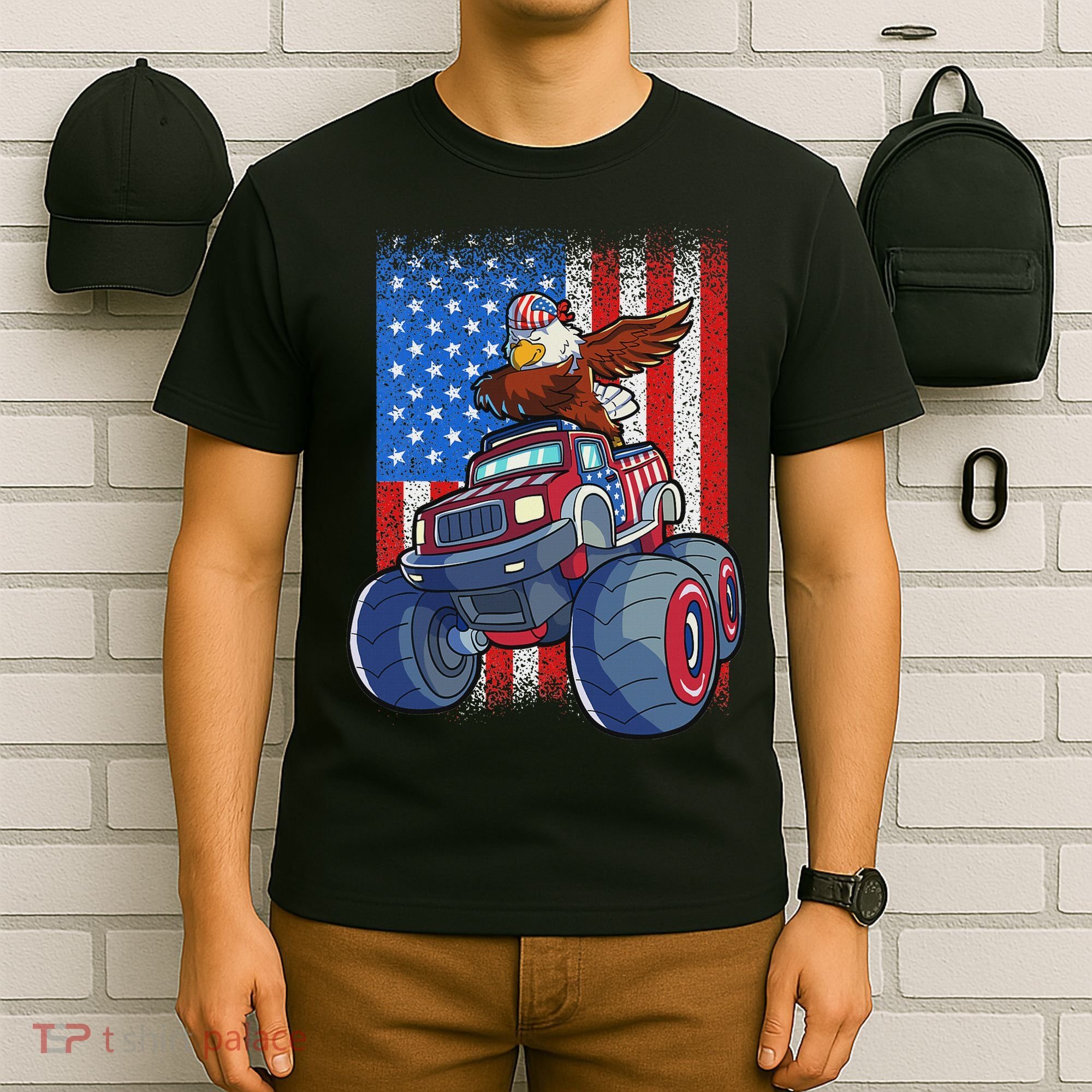 Dabbing Eagle Monster Truck 4th Of July American Flag T-Shirt
