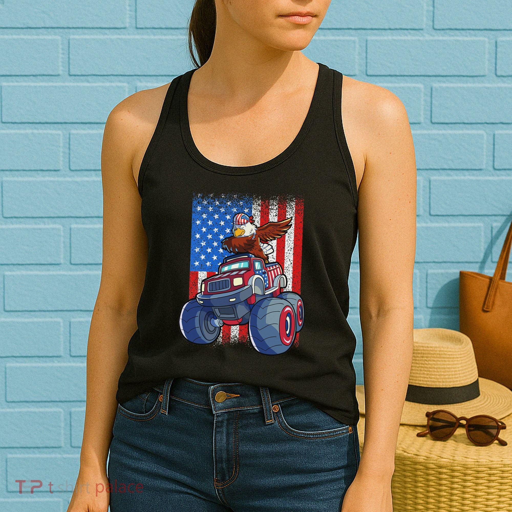 Dabbing Eagle Monster Truck 4th Of July American Flag Women's Tank Top