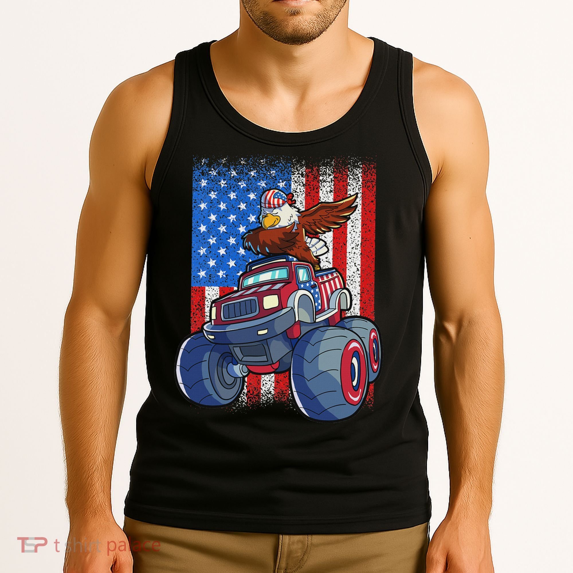 Dabbing Eagle Monster Truck 4th Of July American Flag Tank Top