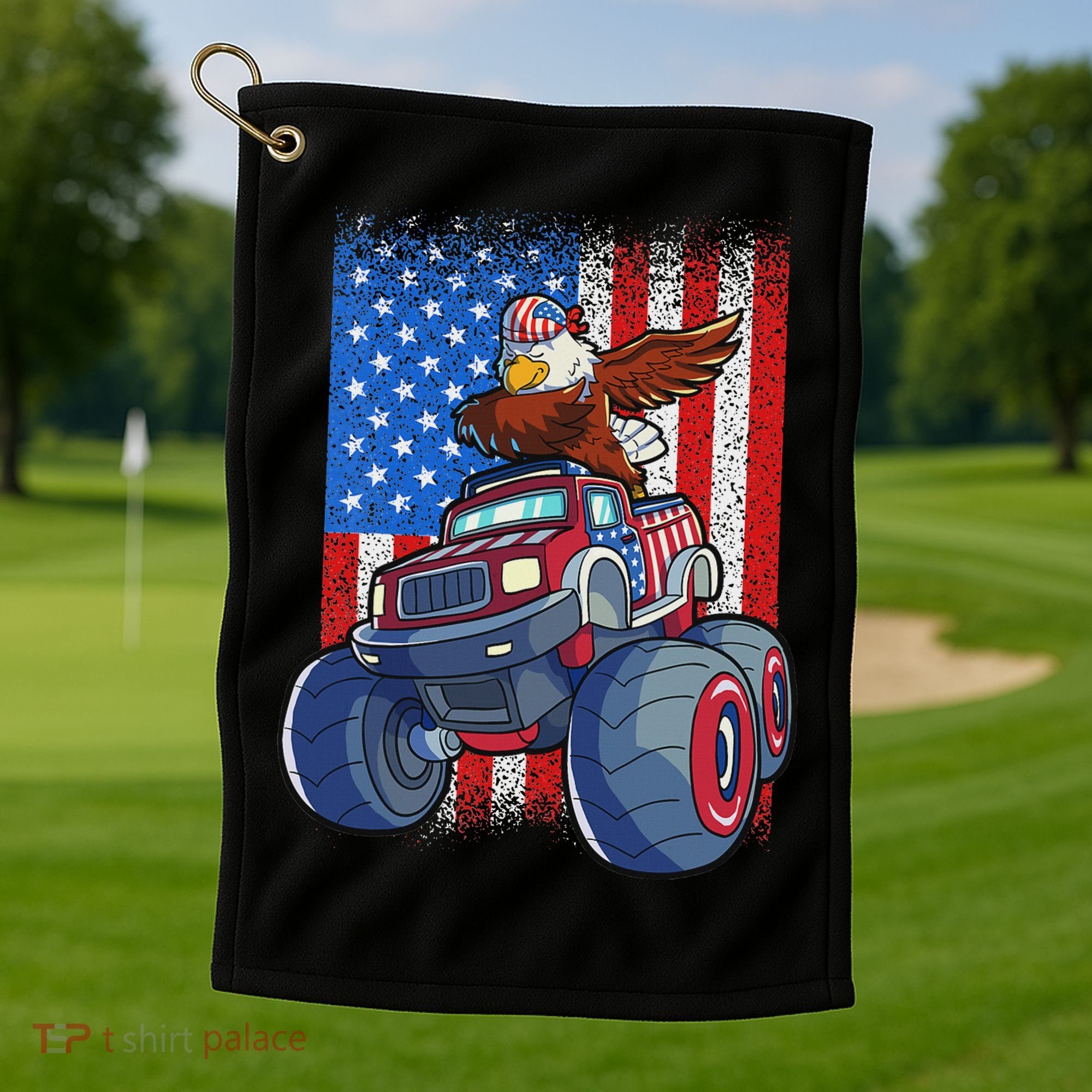 Dabbing Eagle Monster Truck 4th Of July American Flag Golf Towel