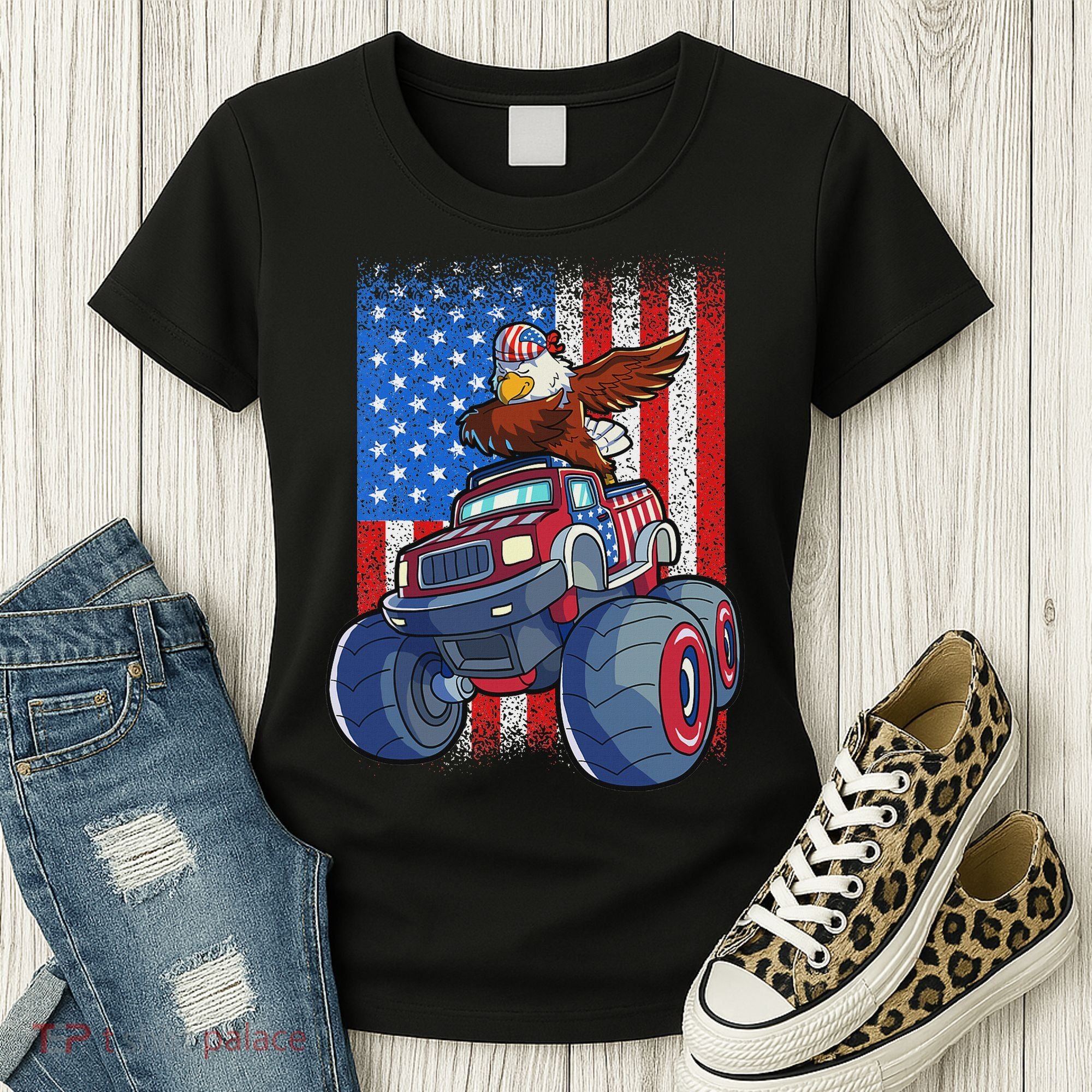 Dabbing Eagle Monster Truck 4th Of July American Flag Women's T-Shirt