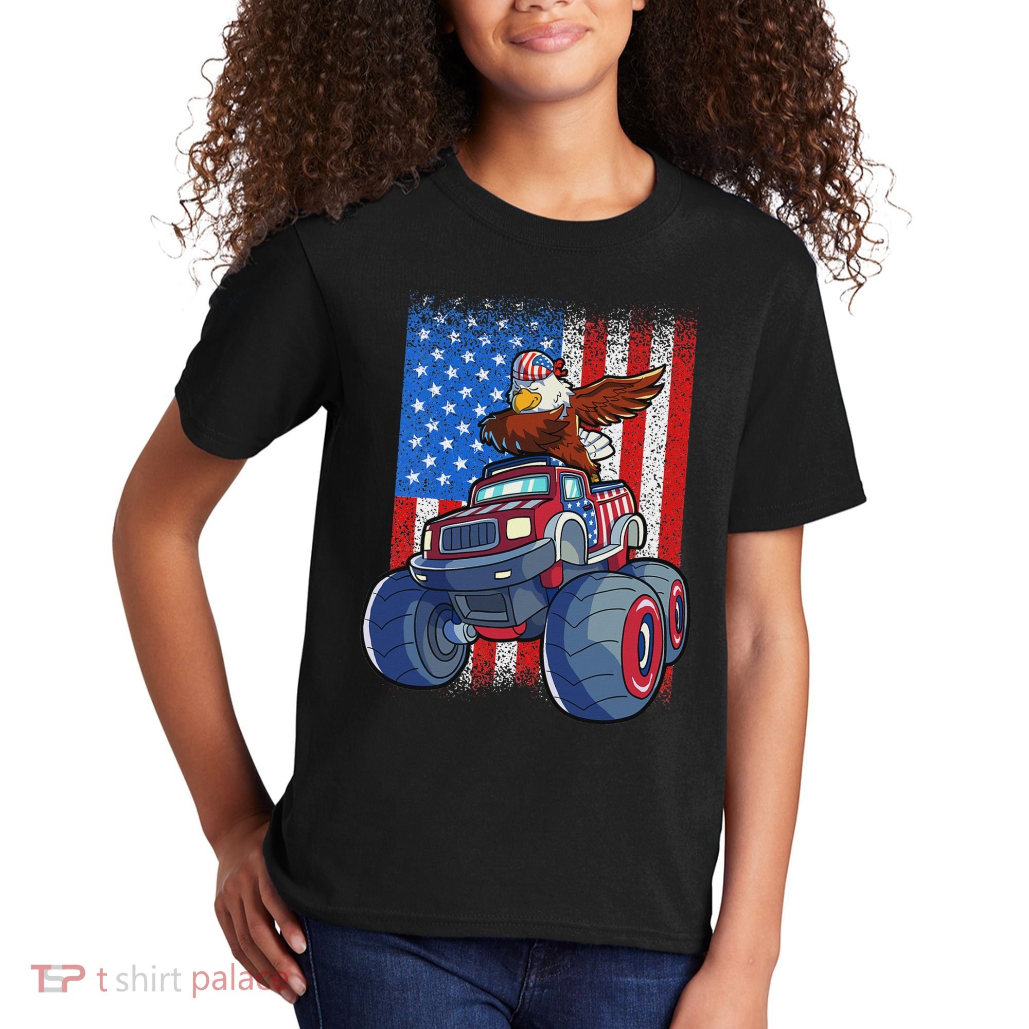 Dabbing Eagle Monster Truck 4th Of July American Flag Kids T-Shirt