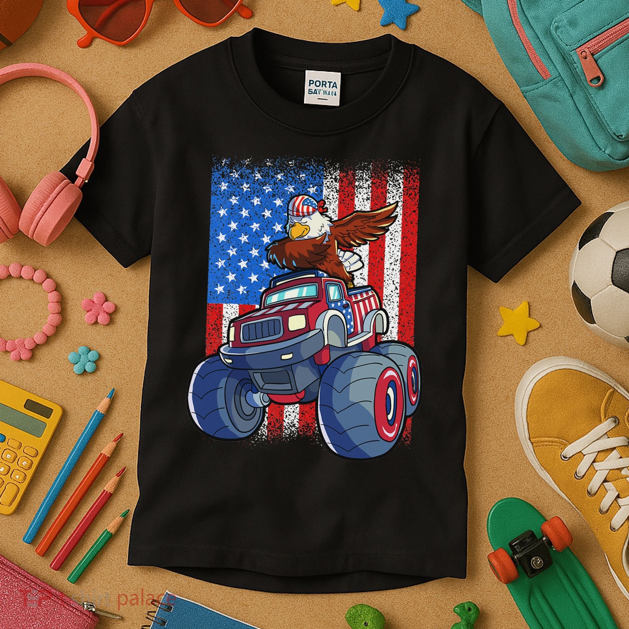 Dabbing Eagle Monster Truck 4th Of July American Flag Kids T-Shirt