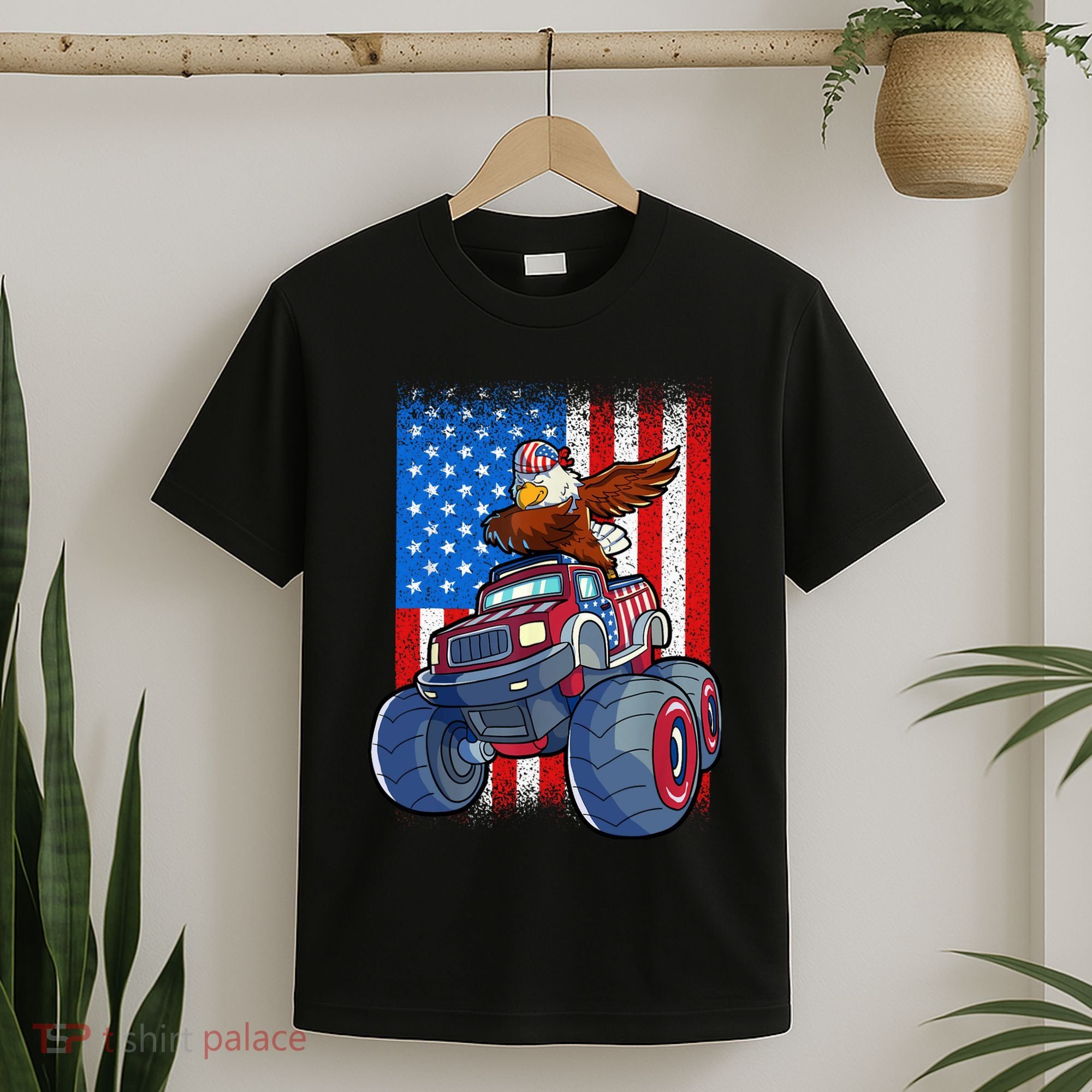 Dabbing Eagle Monster Truck 4th Of July Boy American Flag T-Shirt