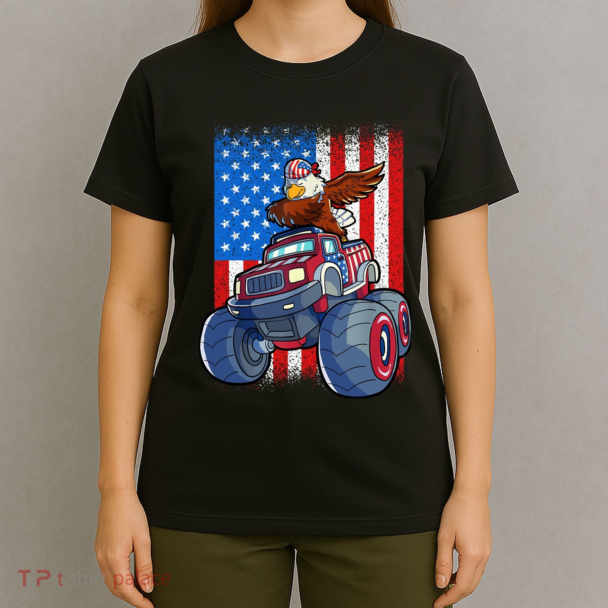 Dabbing Eagle Monster Truck 4th Of July Boy American Flag T-Shirt