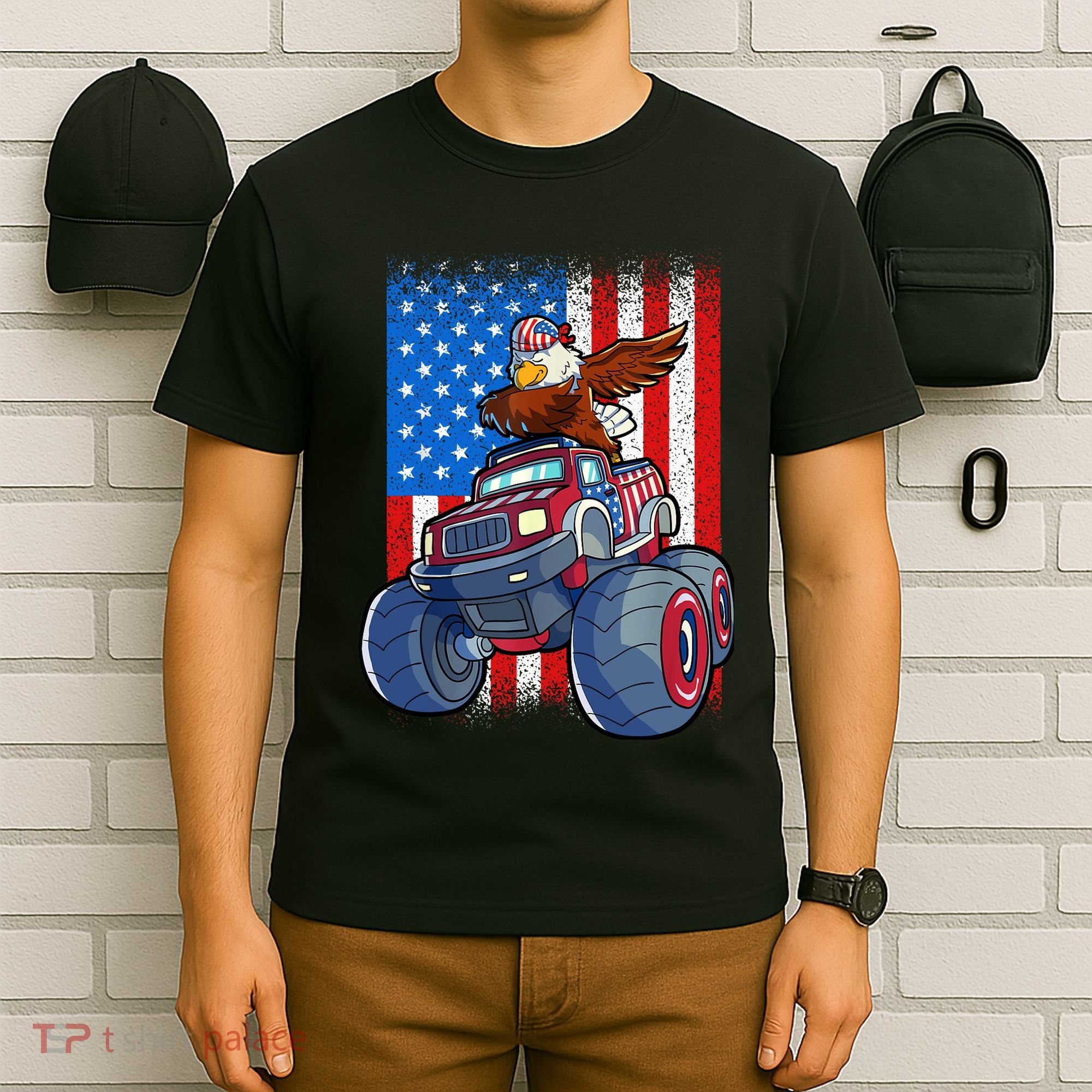 Dabbing Eagle Monster Truck 4th Of July Boy American Flag T-Shirt