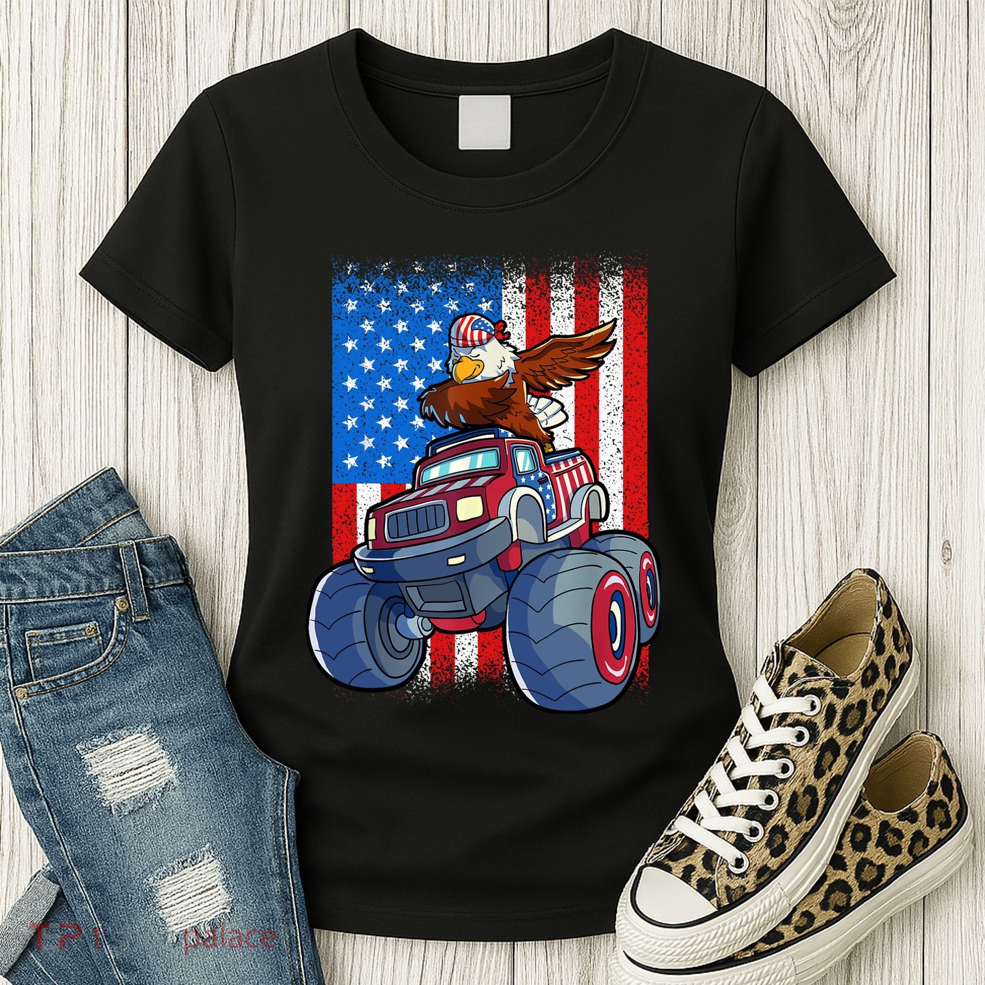 Dabbing Eagle Monster Truck 4th Of July Boy American Flag Women's T-Shirt