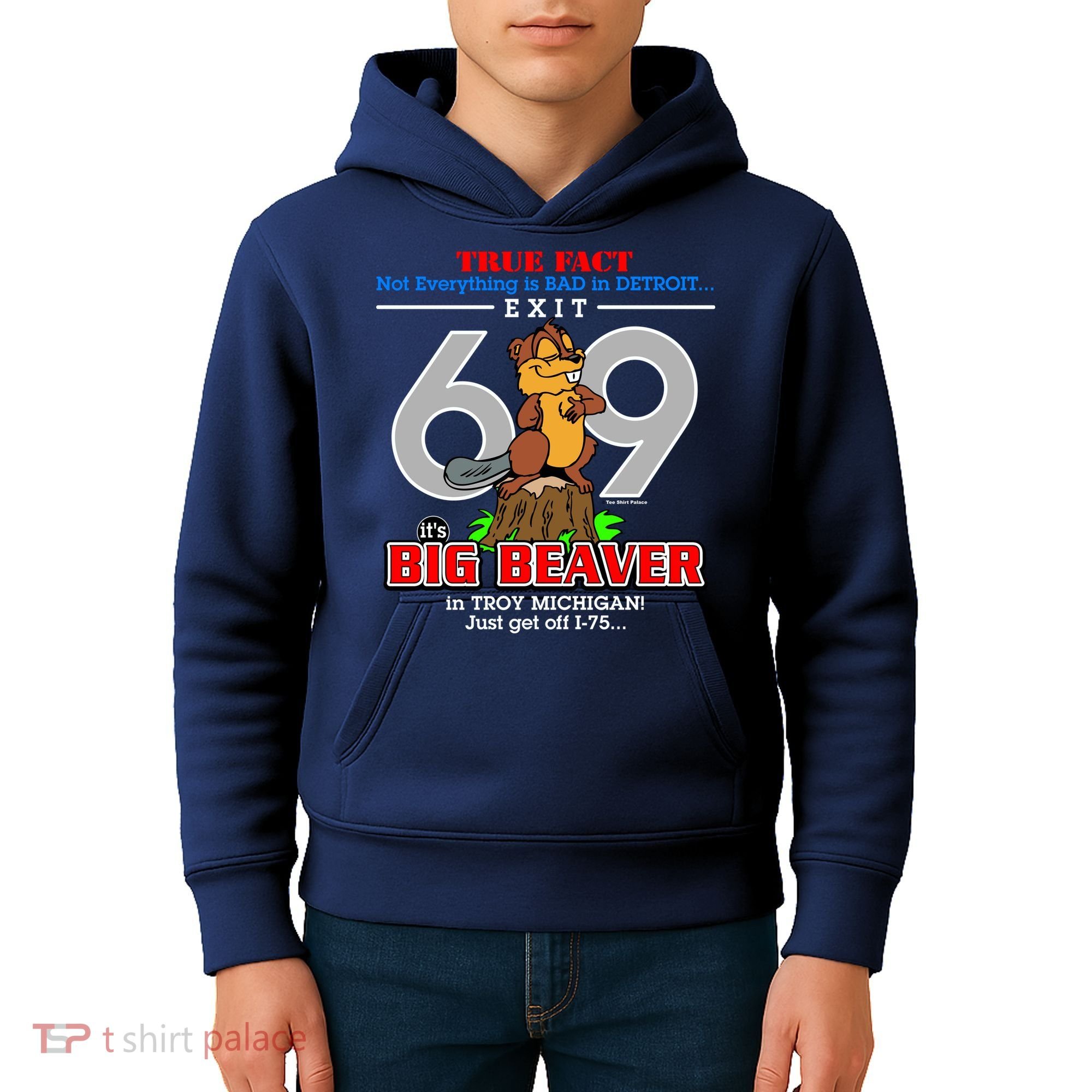 Detroit True Fact Big Beaver Exit 69 Kids Hoodie