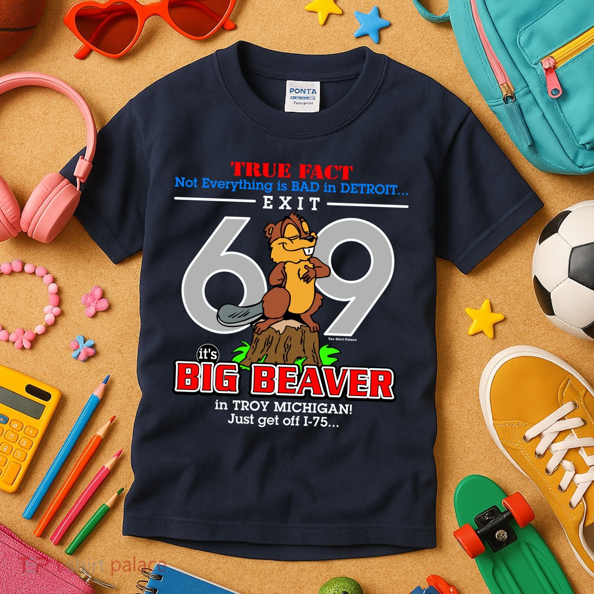 Detroit True Fact Big Beaver Exit 69 Kids T-Shirt