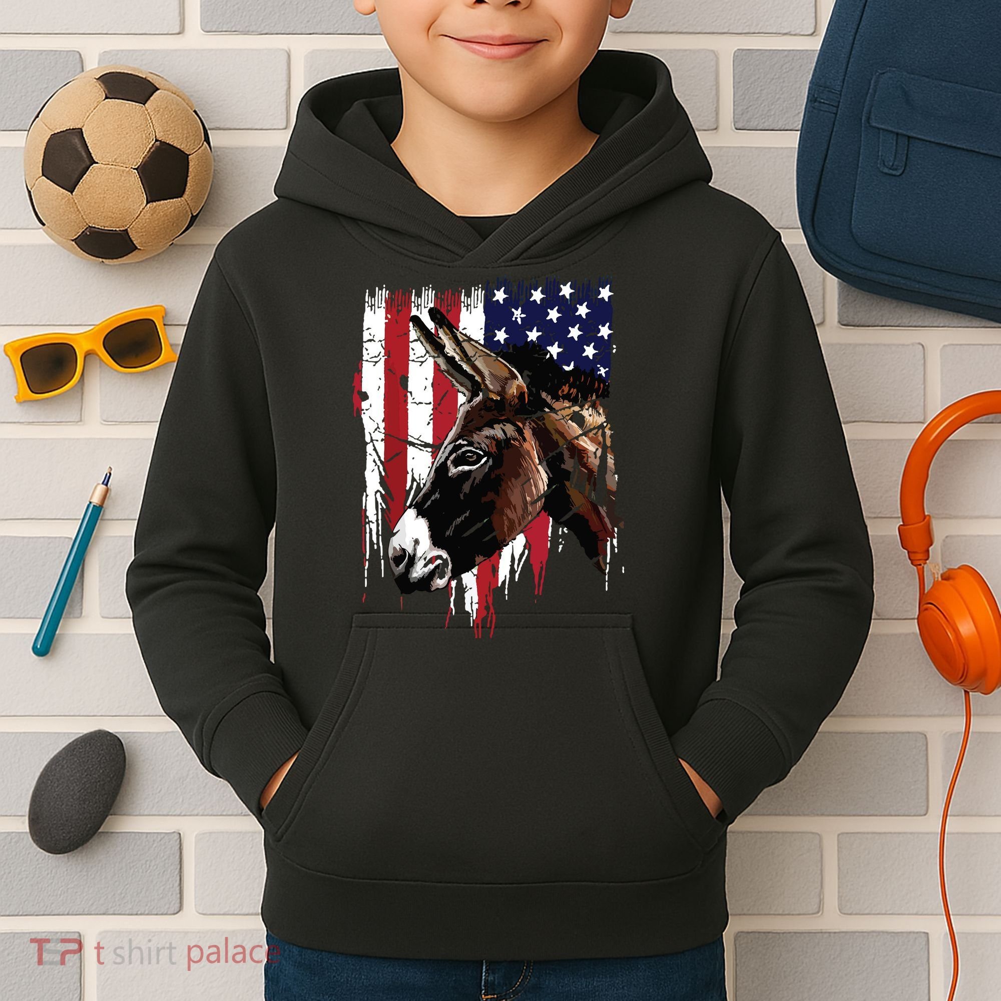 Donkey Farmer American Flag USA Donkey Kids Hoodie