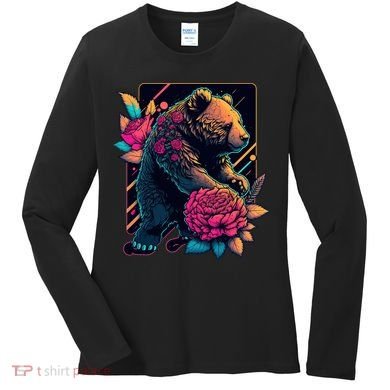 Design Featuring A Bear In Vibrant Neon Colors With A Retro Aesthetic Women's Long Sleeve Shirt