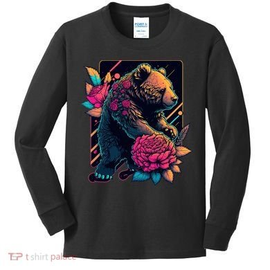 Design Featuring A Bear In Vibrant Neon Colors With A Retro Aesthetic Kids Long Sleeve Shirt
