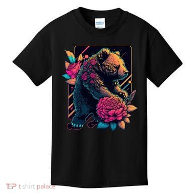 Design Featuring A Bear In Vibrant Neon Colors With A Retro Aesthetic Kids T-Shirt