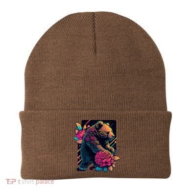 Design Featuring A Bear In Vibrant Neon Colors With A Retro Aesthetic Beanie
