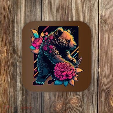 Design Featuring A Bear In Vibrant Neon Colors With A Retro Aesthetic Coaster