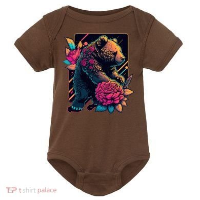 Design Featuring A Bear In Vibrant Neon Colors With A Retro Aesthetic Baby Bodysuit