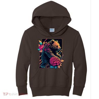 Design Featuring A Bear In Vibrant Neon Colors With A Retro Aesthetic Kids Hoodie
