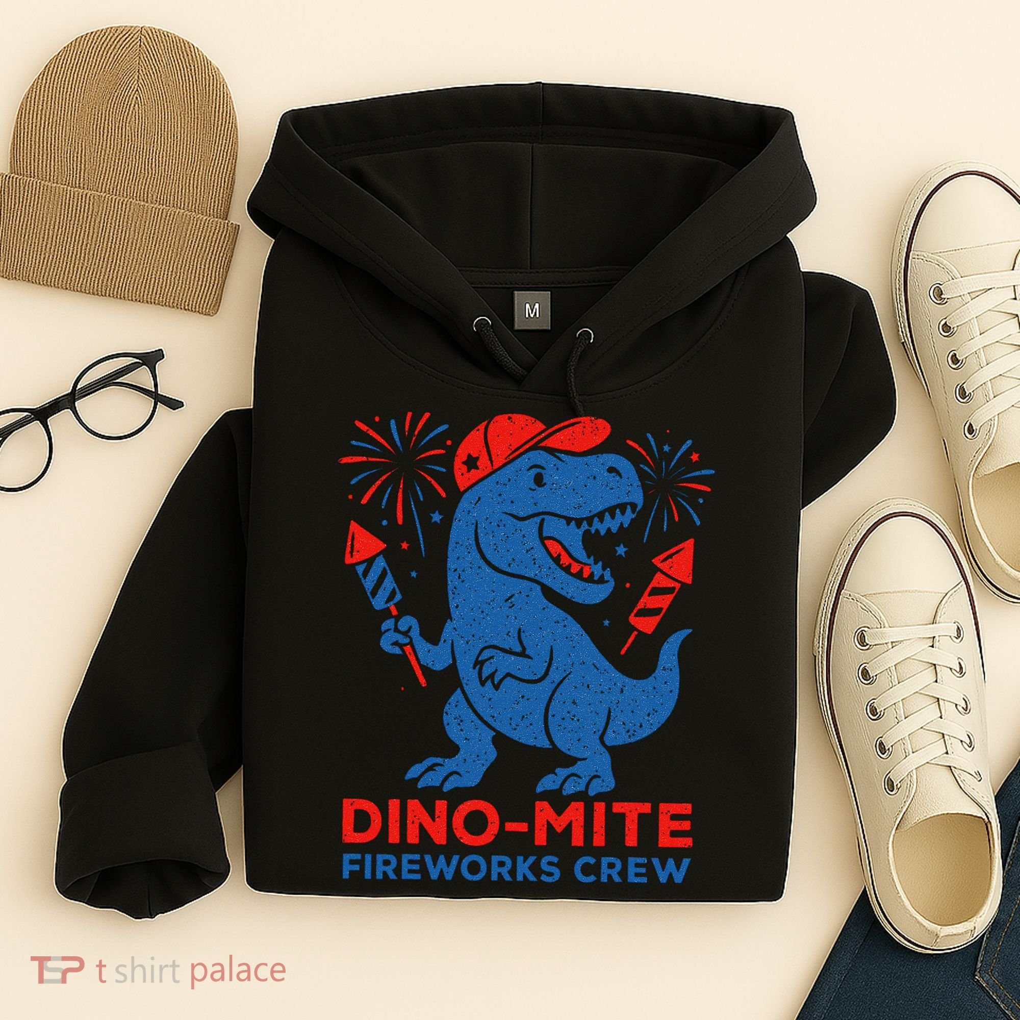 Dino-Mite Fireworks Crew, Dinosaur USA, American Flag  Hoodie