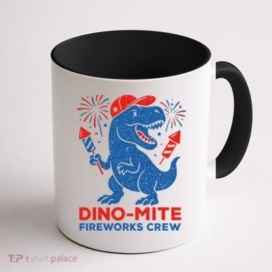 Dino-Mite Fireworks Crew, Dinosaur USA, American Flag  Coffee Mug back