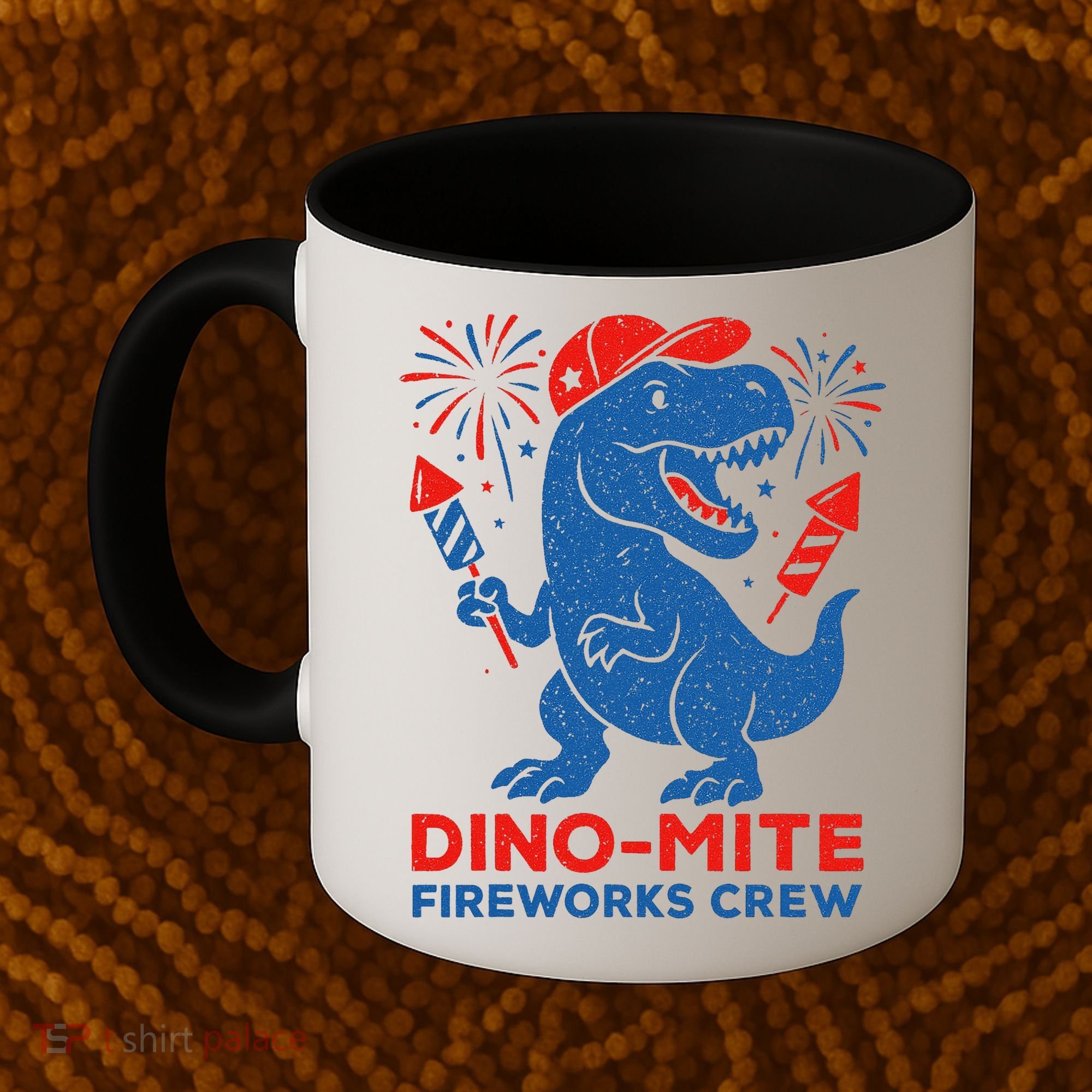 Dino-Mite Fireworks Crew, Dinosaur USA, American Flag  Coffee Mug