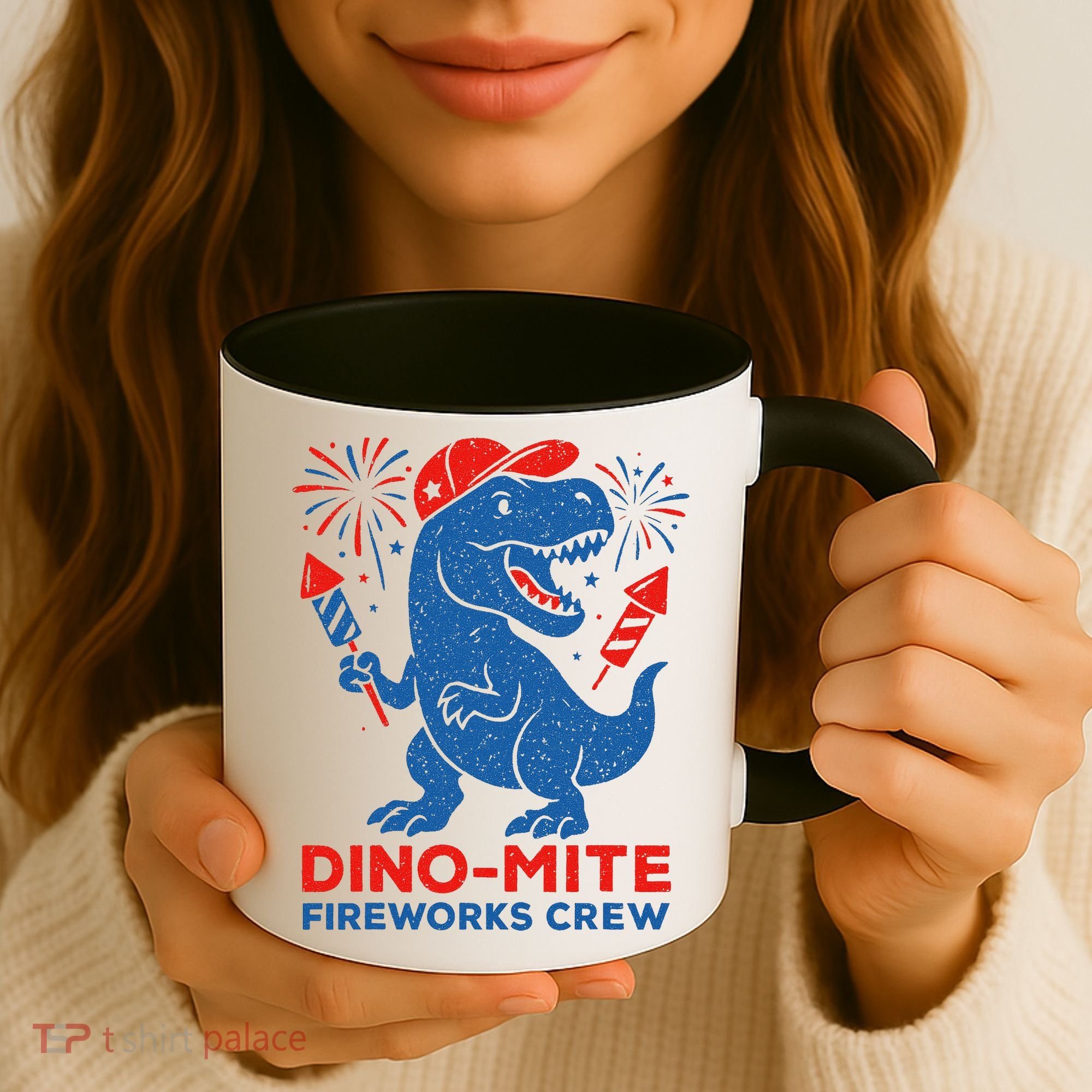 Dino-Mite Fireworks Crew, Dinosaur USA, American Flag  Coffee Mug