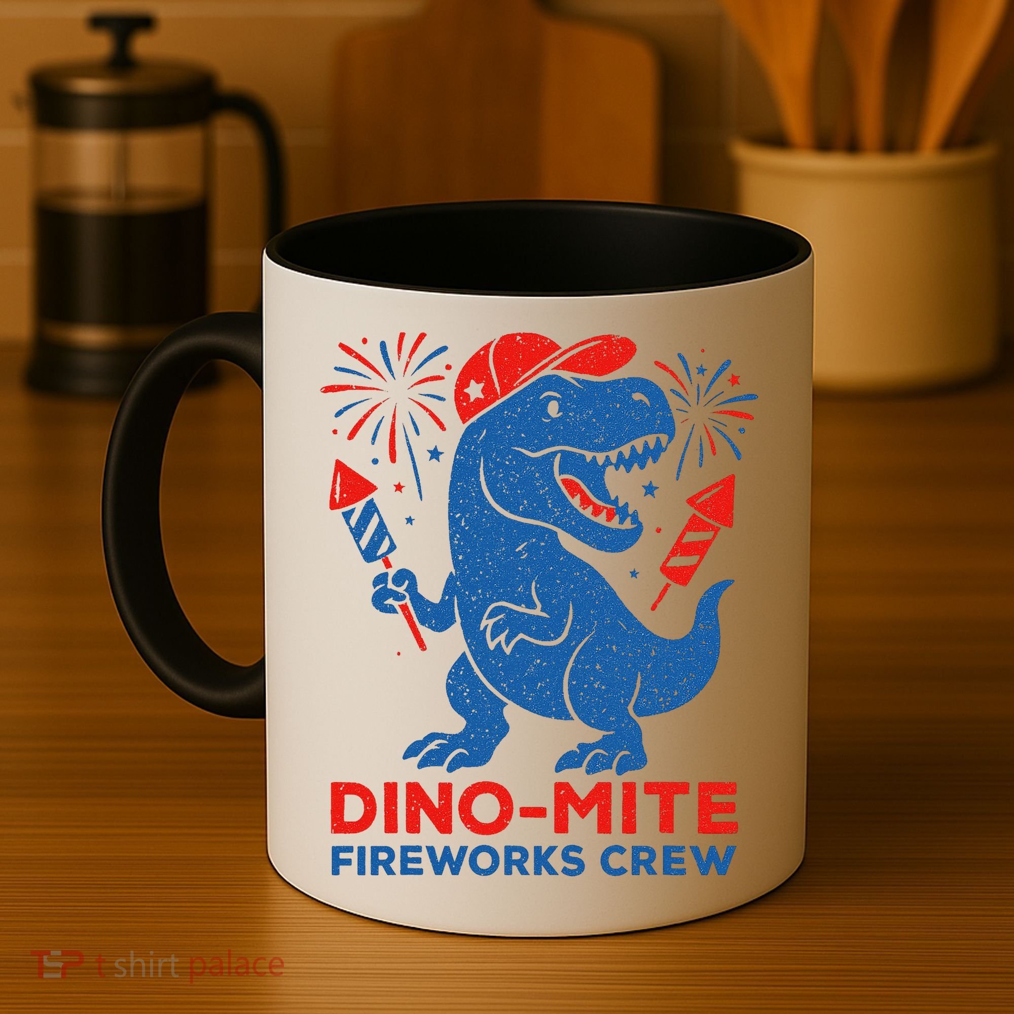 Dino-Mite Fireworks Crew, Dinosaur USA, American Flag  Coffee Mug