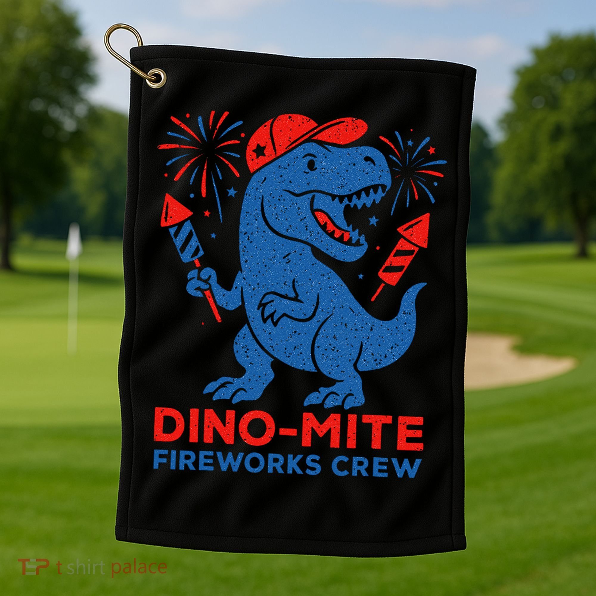 Dino-Mite Fireworks Crew, Dinosaur USA, American Flag  Golf Towel