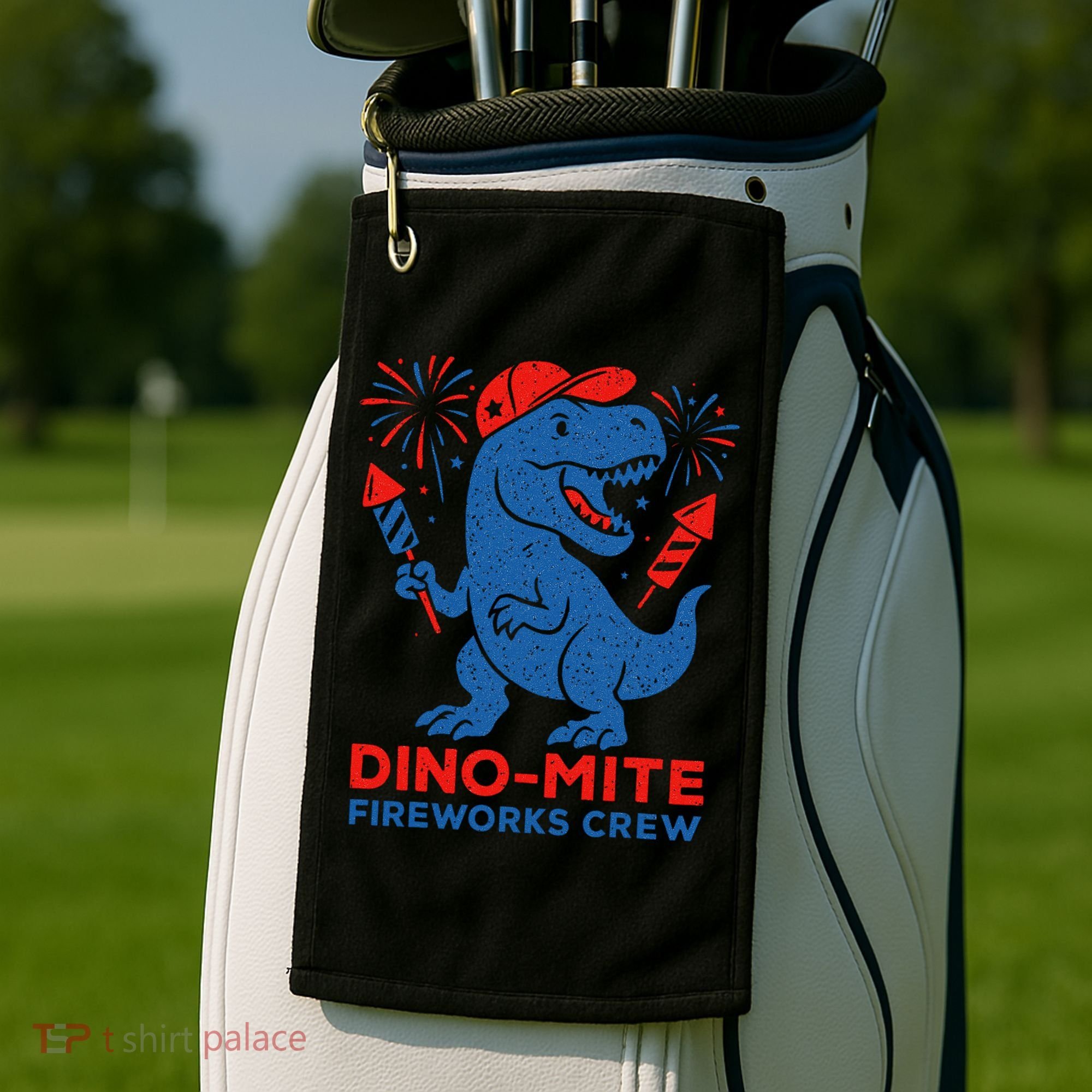 Dino-Mite Fireworks Crew, Dinosaur USA, American Flag  Golf Towel