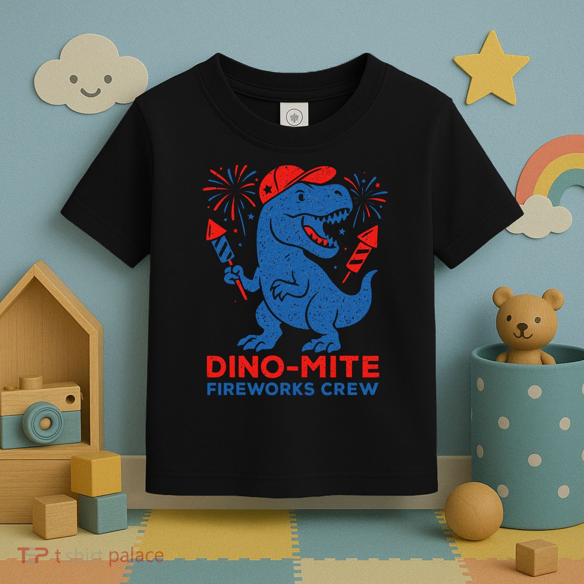 Dino-Mite Fireworks Crew, Dinosaur USA, American Flag  Toddler T-Shirt