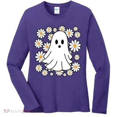 Daisy Floral Ghost Cute Halloween Women's Long Sleeve Shirt