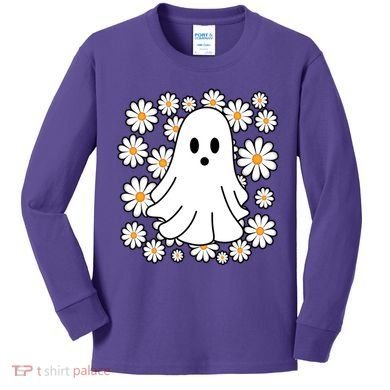 Daisy Floral Ghost Cute Halloween Kids Long Sleeve Shirt