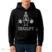 DEADLIFT Funny Halloween Skeleton Weight Lifting Workout Kids Hoodie thumb 4